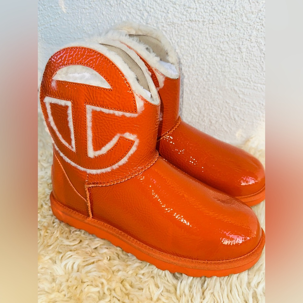 🍊UGG x Telfar Women's Orange Patent Leather Ankle Boots 7 NWOT